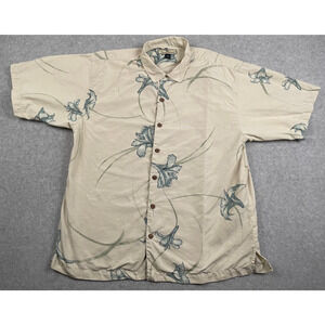 Tommy Bahama 100% Silk Floral Hawaiian Shirt Cream Blue Men’s Large
